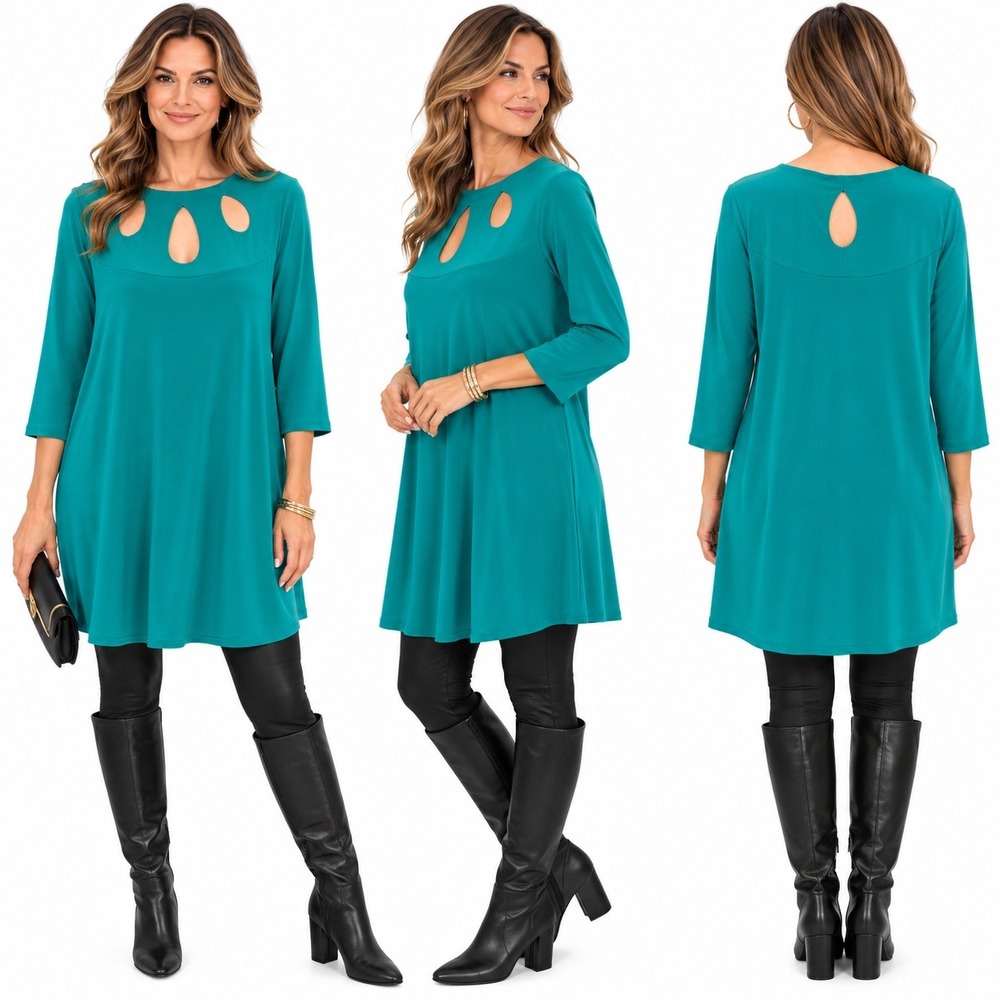 Sympli Knit Raindrop Tunic 14 Gem Teal Lagenlook Contemporary Stretch MSRP $170